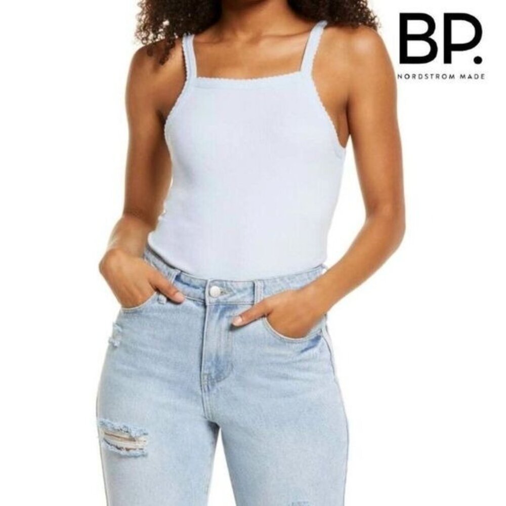 BP. Women's Picot Trim Cotton Blend Rib Bodysuit In Blue Cashmere NWT‎